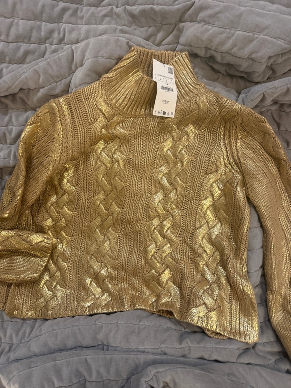Zara Gold Metallic Cable Knit Turtleneck Sweater